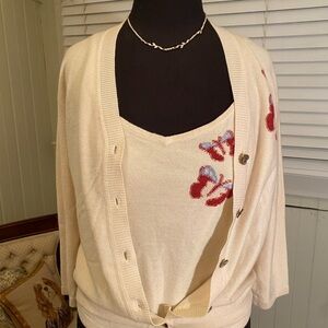Sonia Rykiel sweater set: Cream knit Cardigan and Tank with Butterfly Design